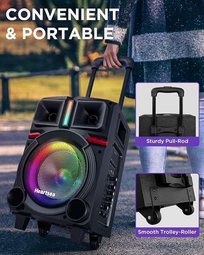 HEARTSEA Karaoke Machine for Adults, Portable Bluetooth Speaker with 2 Wireless Microphones, PA System with Disco Lights for Big Party, Outdoor, Supports USB/TF/REC/AUX, Ideal Gifts for Family