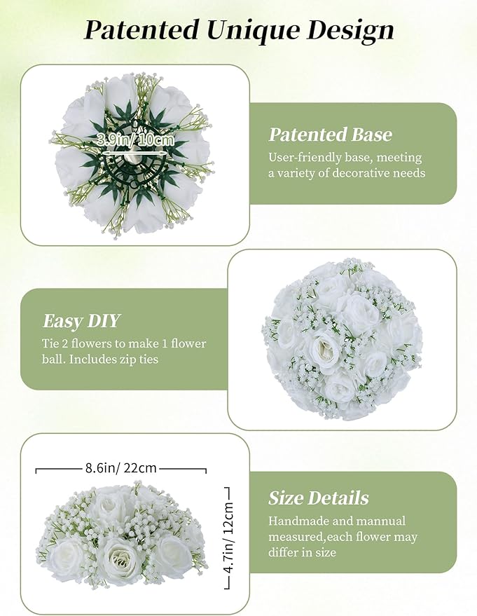 BLOSMON Babys Breath Artificial Flowers: 2 Pcs White Rose Babys Breath Fake Flower Balls Centerpieces for Wedding Table - Faux Silk Kissing Floral Arrangements for Home Party Event Decoration