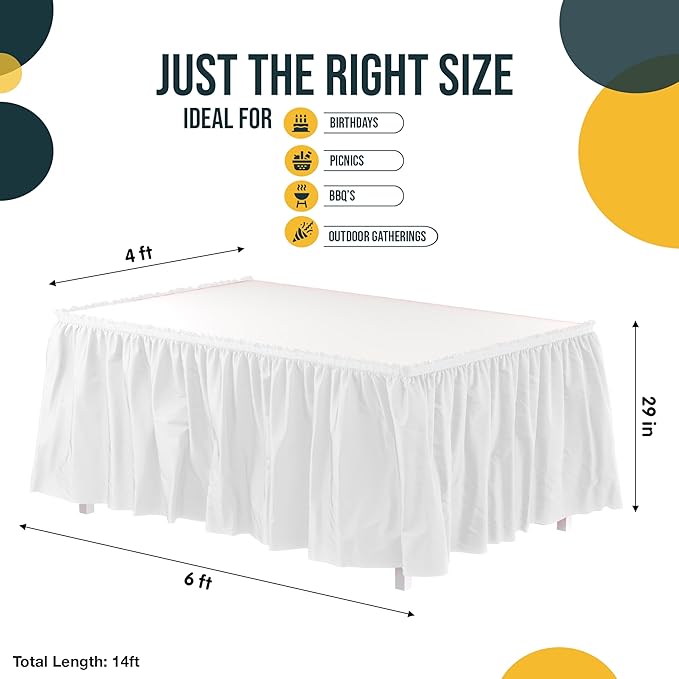 Exquisite Ruffle Table Skirt White 2 Pack 14 Ft Long Table Skirts for Rectangle Tables 6ft Plus or Round Tables Skirts with Adhesive Strip for Gender Reveal Decor & Happy Birthday Parties