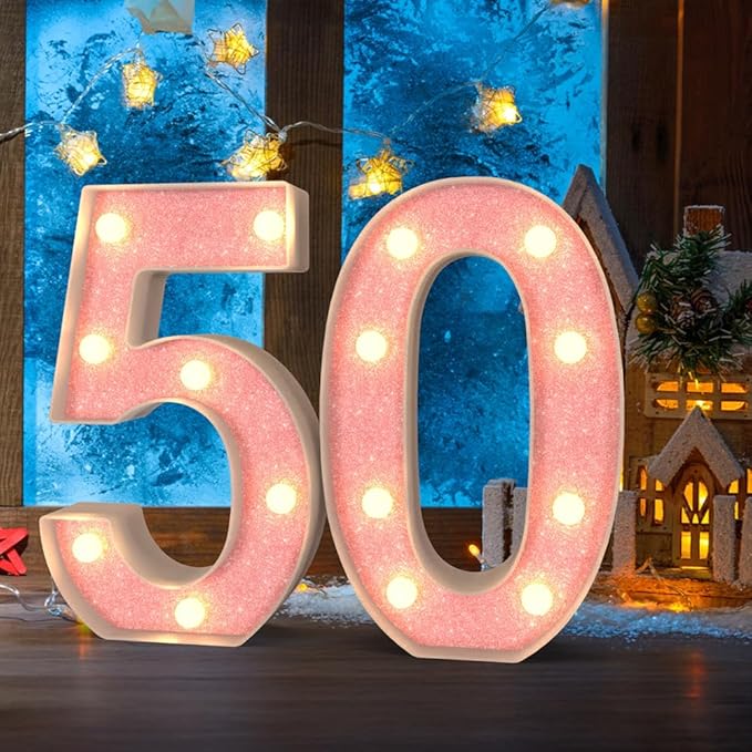 Marquee Light up Numbers 0-9, Battery Powered LED Light, Pink Glitter Plastic for 50th Birthday Decorations, Graduation Engagement Wedding Decor (Number 50)