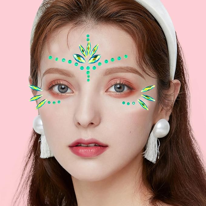 Mermaid Face Gems Stick Jewels for Women Cosplay Mermaid Alien Halloween Rave Party Makeup for Kids Green Hair Eye Body Gems Jewels Stickers Temporary Tattoos Festival Decor (Green)
