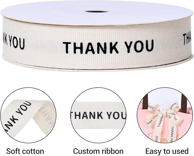 Ribest Thank You Cotton Custom Ribbon, 5/8 Inch × 10 Yard, Natural Beige Teacher Ribbon for Gift Wrapping Crafts Bows Home Decor Party Decoration