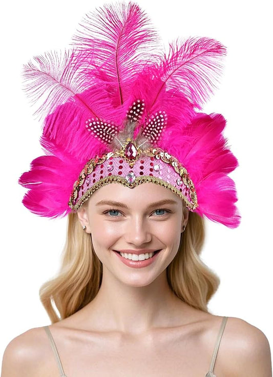 Women's Carnival Feather Headpieces Sequin Headdress for Wedding Masquerade Party Cosplay Feather Headbands