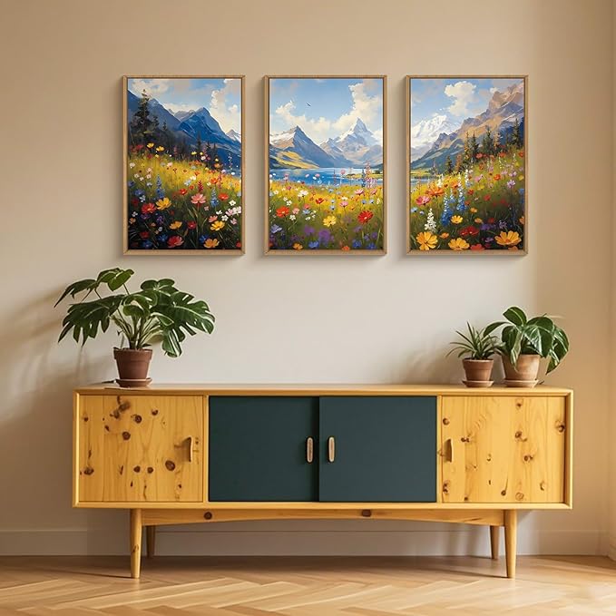 HOURIA Colorful Wildflower Mountain Framed Canvas Wall Art Set,Blue Sky Lake Green Tree Grass Wall Decor,Nature Flower Artwork,Field Scenery Art Prints for Living Room,Bedroom,Farmhouse-24 x36 x3