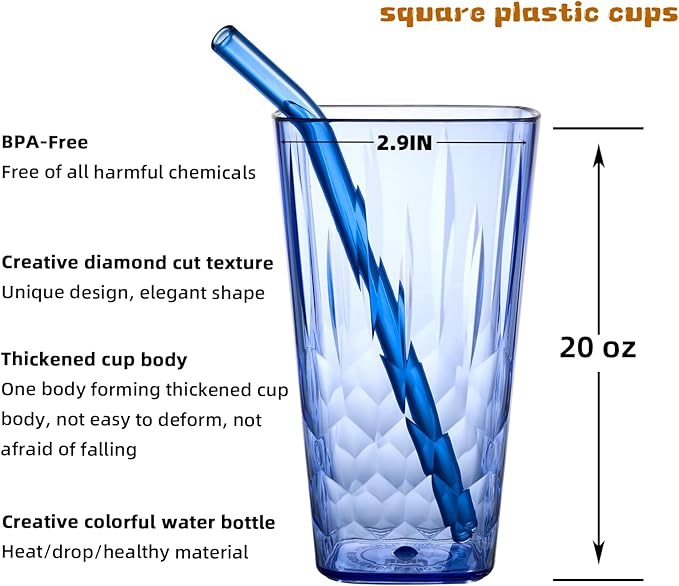 superplanet™ 20 oz Square Plastic Water Cups, Mixed colors (6-pack), unbreakable/BPA-free, with straw, stackable, reusable Acrylic Drinking Cups, suitable for iced tea, milkshakes, and cocktails