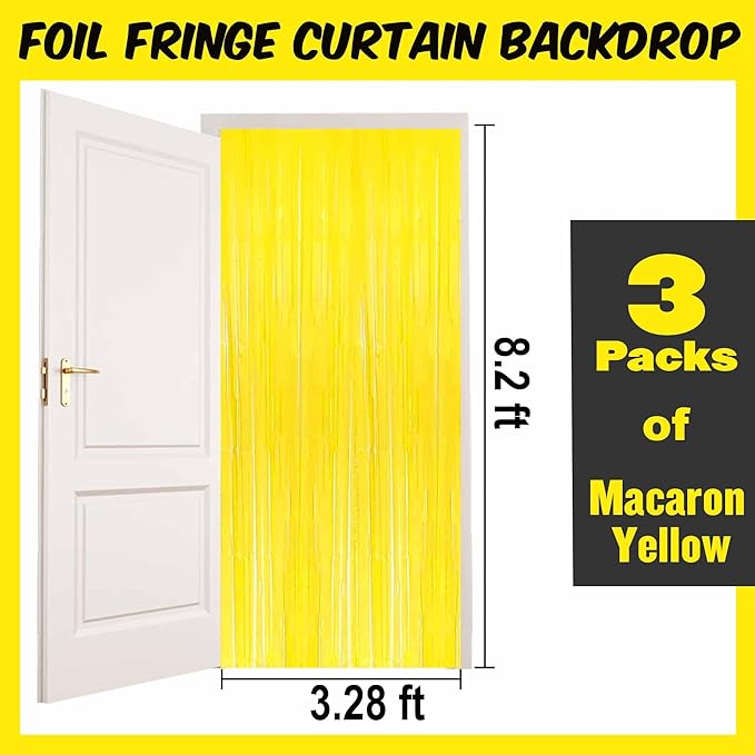 3 Pack Macaron Yellow Foil Fringe Curtains Backdrop, 3.28 x 8.2 Ft Metallic Streamers Tinsel Curtains Background for Photo Booth, Birthday, Christmas, Halloween, New Year Party Decorations