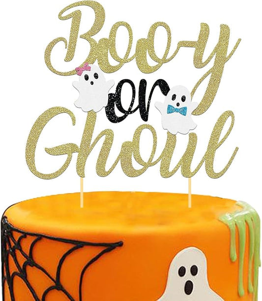 Halloween Boy or Girl Cake Topper - Gender Reveal for Baby Shower - Black-Gold