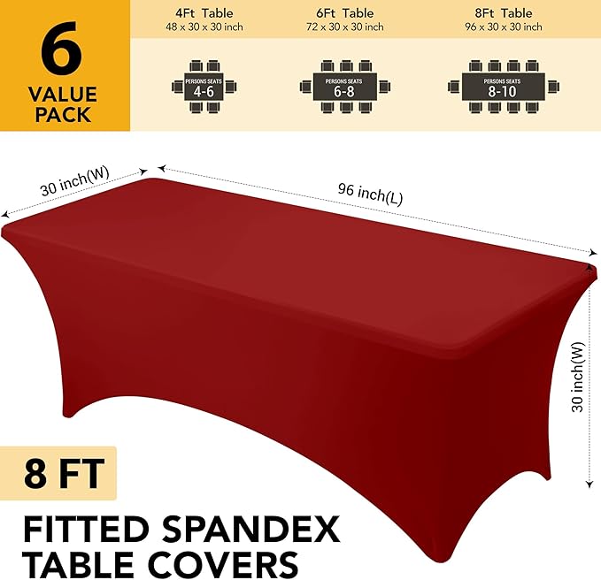6-Pack Premium Red Spandex Tablecloths for 8ft Rectangle Tables, Stain & Wrinkle-Resistant, Washable Stretch Polyester Fitted Table Cover for Weddings, Banquets, Trade Shows Events
