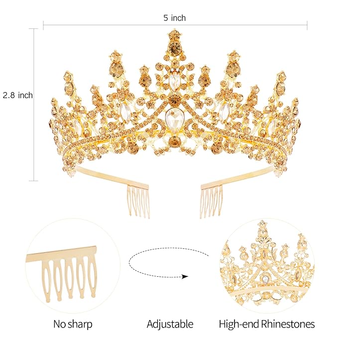 Velscrun Gold Crystal Birthday Queen Tiara Crown for Women Girls Birthday Queen Headband Sash Elegant Princess Crown with Combs Hair Accessories Happy Birth Party Decorations Mom Birth Gift