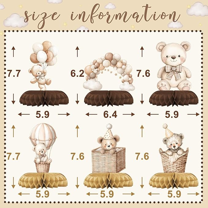 We Can Bearly Wait Baby Shower Centerpieces – 12 PCS Boho Teddy Bear Honeycomb Table Decorations, Brown & Beige Decor for Gender Neutral Teddy Bear Baby Shower