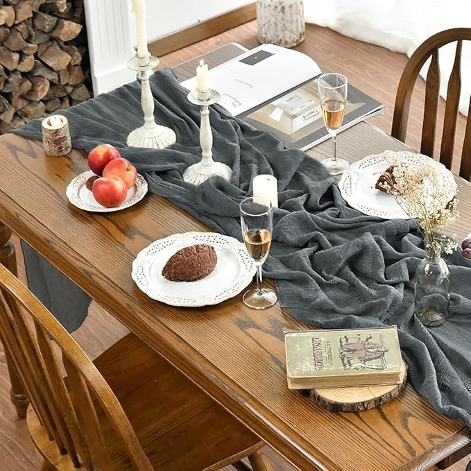 Artoid Mode Boho Cheesecloth Gauze Silver Grey Wedding Table Runner, 120 Inch Seasonal Fabric Kitchen Dining Holiday Table Decor for Home Party Indoor