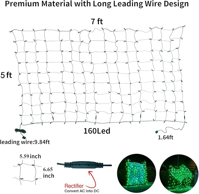 Led Christmas Net Lights Green Outdoor Christmas Lights 160LED 5ftx7ft, Waterproof Outdoor Indoor Fairy Mesh Net Light for Xmas Party, Yard, Patio, Trees, Shrubs, Bushes Decorations