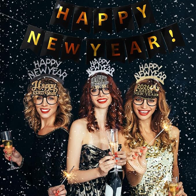 Happy New Year Decorations 2026, New Year Eve Party Supplies Decor Banner Headbands, Glasses, Hanging Swirl, 2026 Foil Balloons, Happy New Years Balloons, Fringe Curtain NYE Decorations