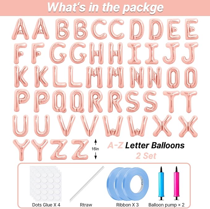 LIOZEOKUN Letter Balloons 16 Inch Alphabet A-Z Mylar Foil Balloons 2 Set for Wedding Birthday Party Decoration Banner Custom Phrase 52 Pcs