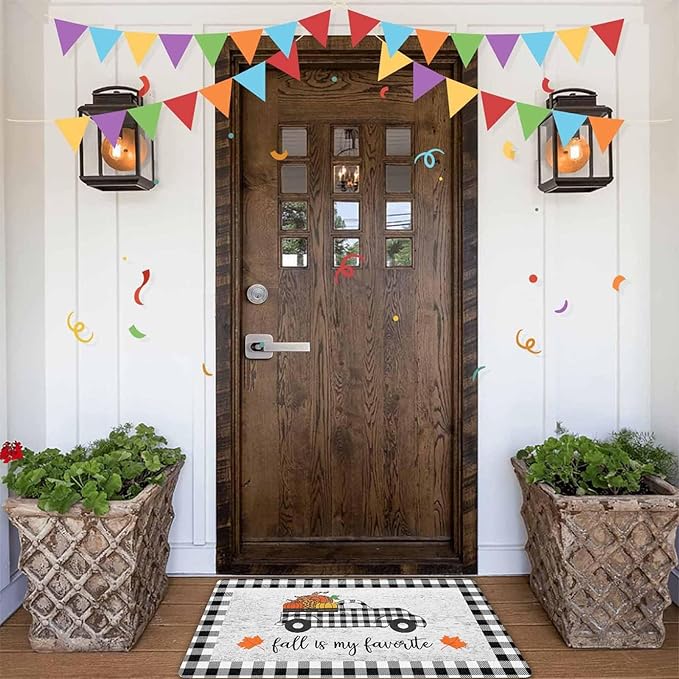 InterestPrint Thanksgiving Welcome Doormat, Fall Truck Harvest Pumpkin Doormat for Front Door Outdoor Outside Entrance Porch Non Slip Rubber Rug Autumn Thanksgiving Farmhouse Decor