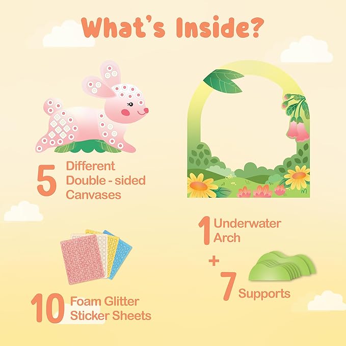 BINCA Foam Sticker Mosaic Art Activity, 750+ 3D Glitter Foam Stickers, 5 Garden Animals with Display Arch, Christmas Stocking Stuffers, DIY Mess-Free Activities, Gifts for Boys & Girls Ages 5,6,7,8