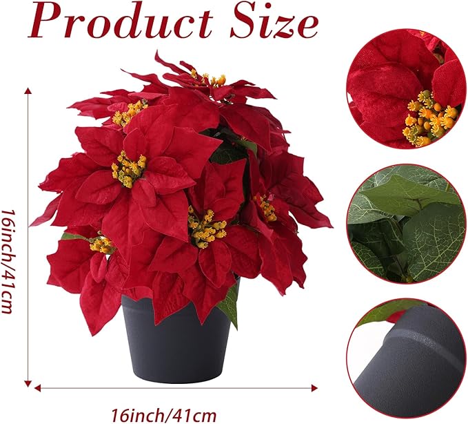 16" Poinsettias Artificial Christmas Flowers 11 Heads Fake Poinsettia Plants for Home Porch Garden Office Indoor Outdoor Christmas Winter Decorations Red