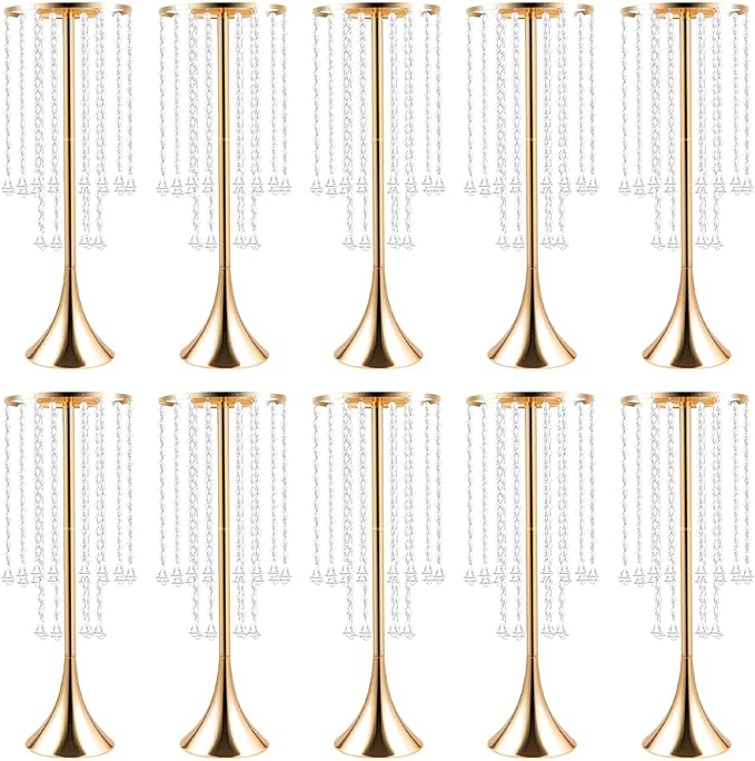 Wedding Centerpieces Gold Vases,10PCS Metal Flower Candle Holder with Sparkling Crystal Beads,Crystal Flower Vase Metal Flowers Stand for Party Tables Decorations (Gold 10PCS Height 21.9in)