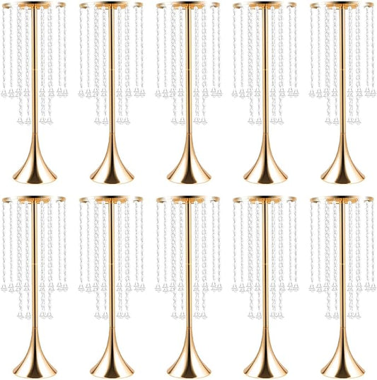 Wedding Centerpieces Gold Vases,10PCS Metal Flower Candle Holder with Sparkling Crystal Beads,Crystal Flower Vase Metal Flowers Stand for Party Tables Decorations (Gold 10PCS Height 21.9in)