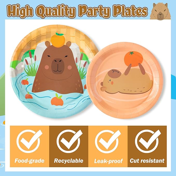 Capybara Party Decoration - Serves 24 - 112Pcs Cute Cartoon Capybara Party Supplies, Animal Orange Disposable Plate Napkin Forks Tablecloth Banner Card, for Kids Birthday Baby Shower