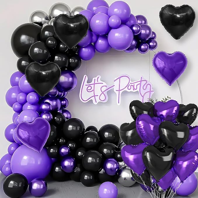Purple Black Heart Balloons, 18 Inch Purple and Black Heart Foil Shape Balloon, 12PCS Large Love Helium Romantic Balloons for Halloween Birthday Bridal Shower Wedding Anniversary Party Supplies