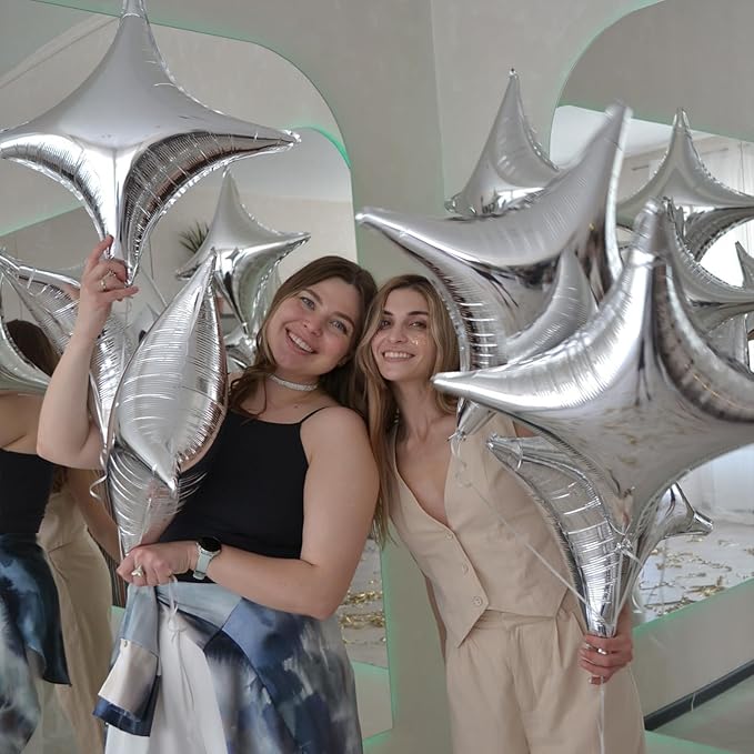 Silver Star Balloons,12Pcs Four Angle Star Foil Balloons,26Inch and 10Inch Silver Quadrangle Helium Polyester Film Balloon for Birthday Anniversary Baby Shower Wedding Party Decorations