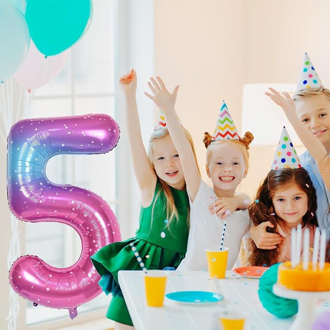 Gradient Blue Pink 2 Balloons, 40 Inch Giant Helium Foil Number 0-9 Rainbow 2th Birthday Balloon for Girls, Self Inflating Starry Digit 2 Balloons for Women Anniversary Party Decorations Supplies