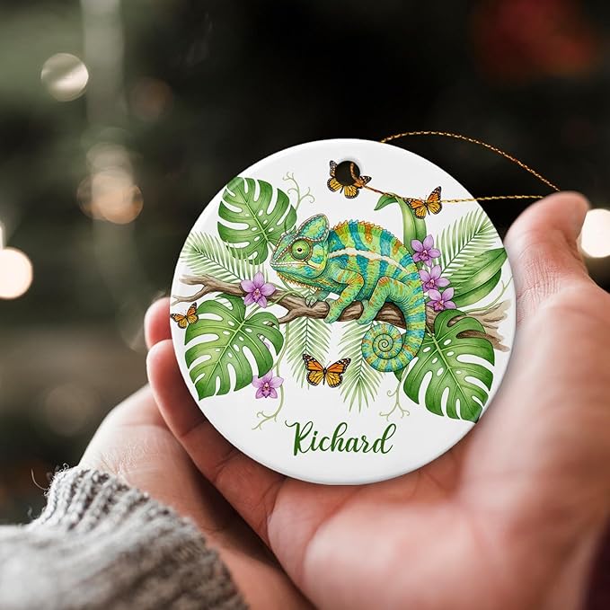 Chameleon Ceramic Ornament Christmas 2025, Personalized Choose Name Chameleon Lover Ornament, Reptile Hanging Xmas Tree Keepsake, Custom Animal Decoration, Chameleons Animal Ornaments with Nature