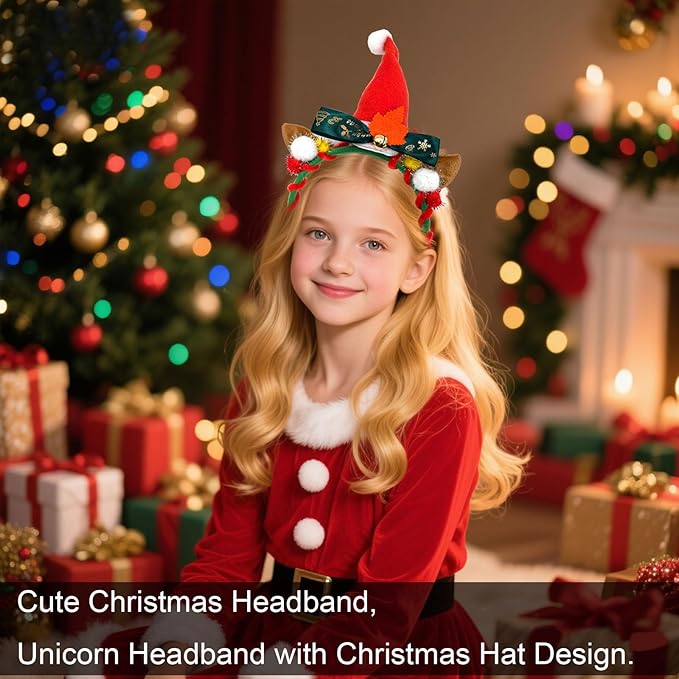 Christmas Unicorn Headband with Santa Hat Horn, Green Bow & Gold Bells - Festive Xmas Party Hair Accessories for Women, Christmas Cosplay Hairband,Holiday Festival Gift Supplies