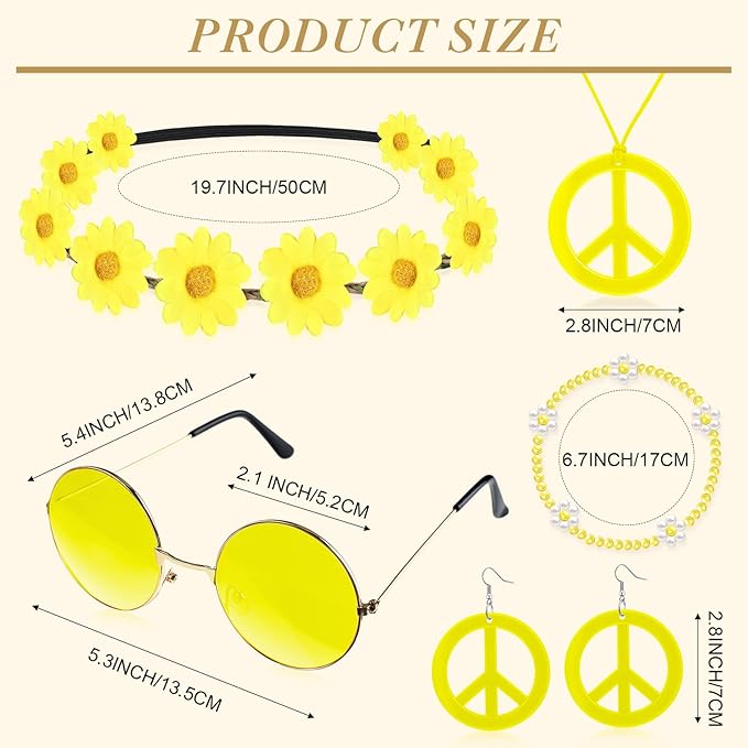 Batiyeer 6 Pcs Hippie Costume Accessories Set, Boho Peace Sign Daisy Flower 60s 70s Party Favors Decor for Groovy Party Women(Yellow)
