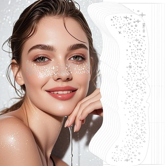 16 PCS Face Glitter, Silver Face Tattoos Stickers, Temporary Body Face Glitter, Makeup Patches for Women Girls Music Festival, Carnival Party, Halloween