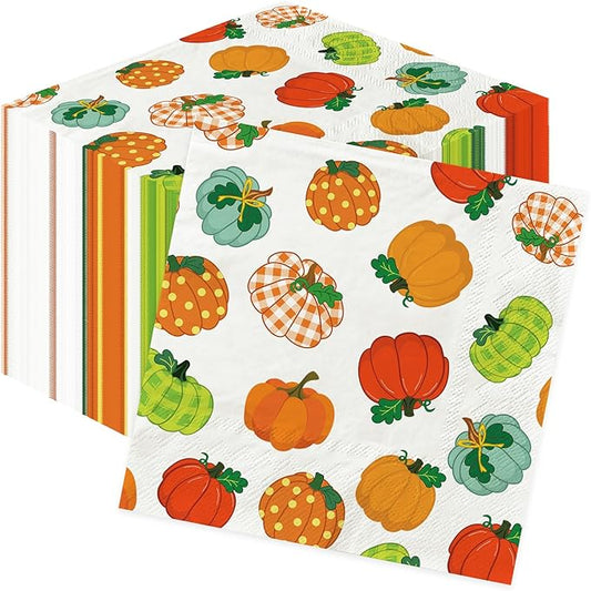 YQUQWN 50 PCS Thanksgiving Pumpkin Paper Napkins Disposable Luncheon Autumn Decorative Napkin Fall Harvest Thanksgiving Friendsgiving Table Decor Party Supplies 6.5 x 6.5 Inch