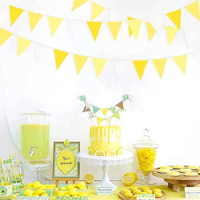 32Ft Yellow Party Decorations Yellow White Pennant Banner Fabric Triangle Flag Bunting Garland for Lemon Bee Sunflower Birthday Baby Shower Anniversary Wedding Party Home Outdoor Garden Decorations