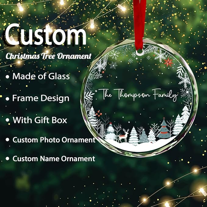 Personalized Round Christmas Crystal Glass Ornaments Custom Family Name Ornament for Christmas Tree Decor Customized 2025 Xmas Tree Hanging Gifts for Freinds Loves