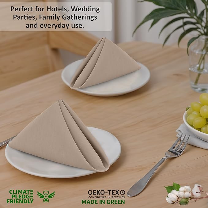 Ruvanti Cloth Napkins Set of 12, 18x18 Inches, 100% Cotton, Washable, Soft & Absorbent, Perfect for Wedding, Christmas, ‎Thanksgiving Dinners - Light Taupe