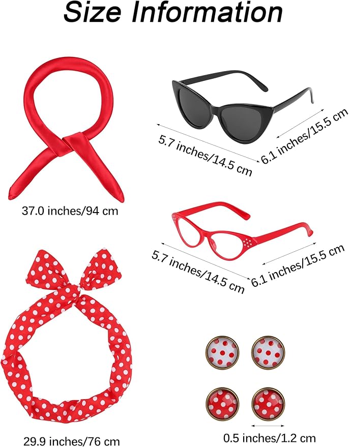 Aneco 6 Pack 50s Set Chiffon Scarf Cat Eye Glasses Bandana Tie Headband Earrings