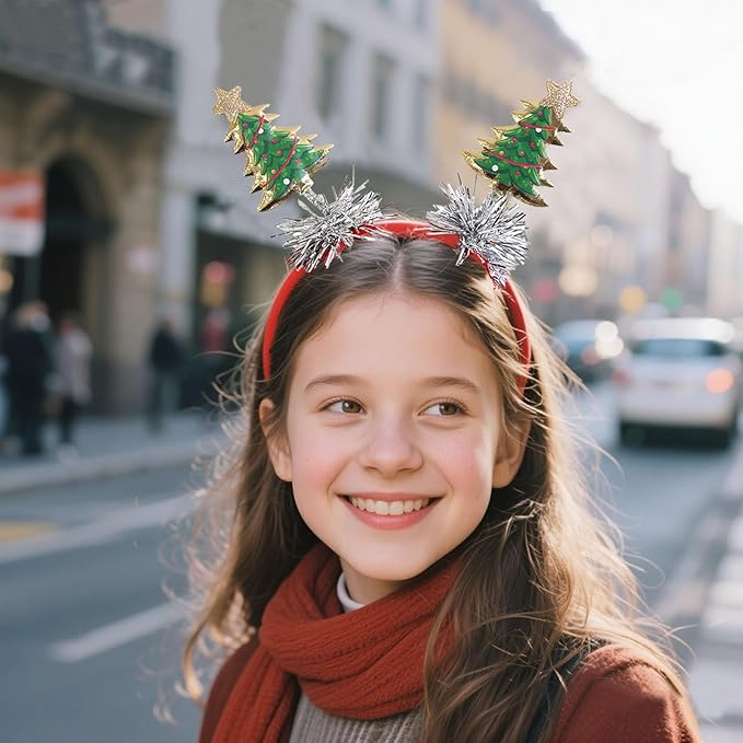 Christmas Headband for Women, Fashion Green Christmas Tree Headband with Gold Edge & Silver Tassels, Xmas Party Headpiece Festival Holiday Photo Prop Hair Accessories (1PC)