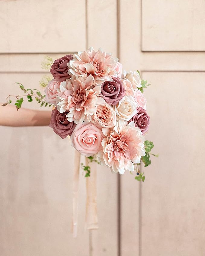 Pink Roses Artificial Flowers Fake Flower Bulk for DIY Wedding Bouquet Bridal Baby Shower Centerpiece Table Decorations Silk Faux Floral Arrangements for Party Home Decor Indoor Dusty Blush