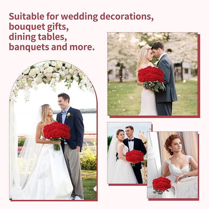 52 PCS Red Artificial Roses Bulk, Fake Artificial Flowers Bridal Bouquet Silk Faux Rose with Stems for Wedding Flowers Decoration, Valentine's Day, Bridal Bouquet, Anniversary, Home Decor (52PCS)