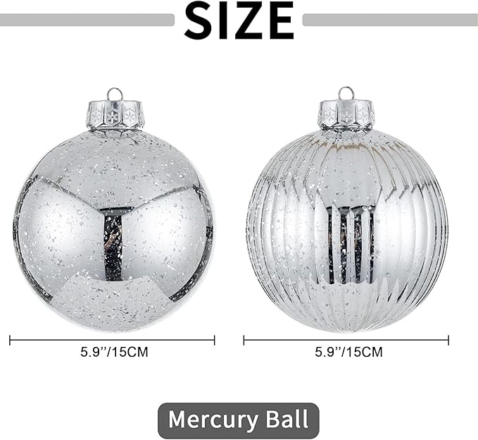 Large Christmas Ball Ornaments, Oversized Shatterproof Plastic Decorative Hanging Mercury Ornaments Ball for Xmas Holiday Party Decorations (Silver, 6.0")