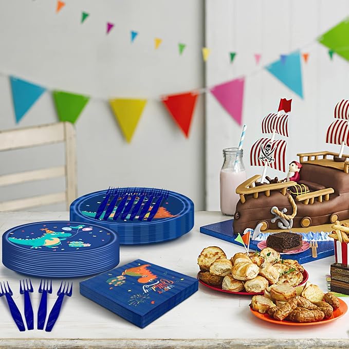 96 PCS Dinosaur Party Supplies Blue Dinosaur Birthday Party Tableware Set for Boy Kids Blue Dino Plates Napkins Forks Party Decorations for 24 Guests