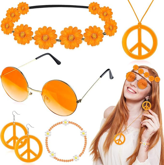 Batiyeer 6 Pcs Hippie Costume Accessories Set, Boho Peace Sign Daisy Flower 60s 70s Party Favors Decor for Groovy Party Women(Orange)