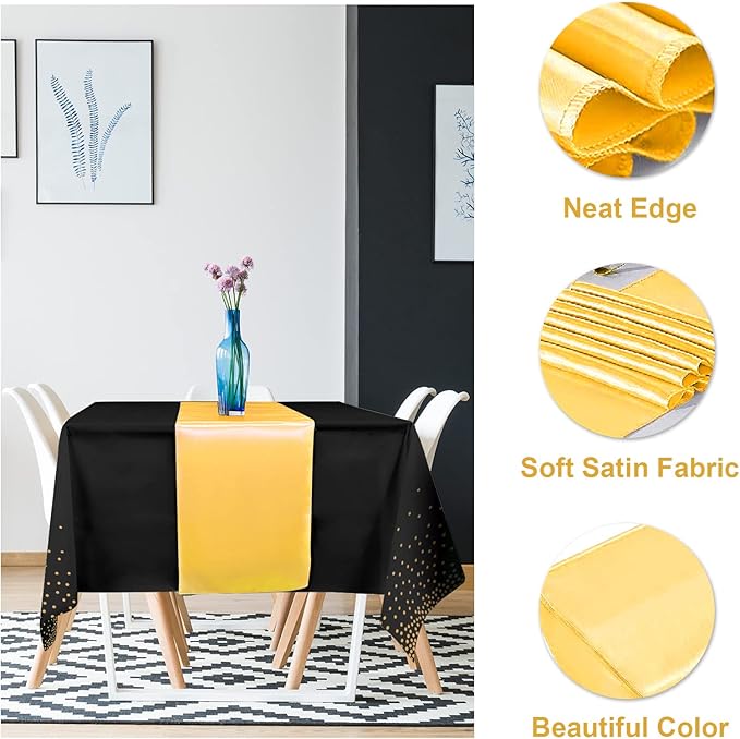 8Pack Disposable Plastic Tablecloths and Satin Table Runner Set Black Gold Dot Table Cloth Gold Satin Table Runner for Graduation Wedding Birthday Baby Shower Anniversary Holiday Party Decorations