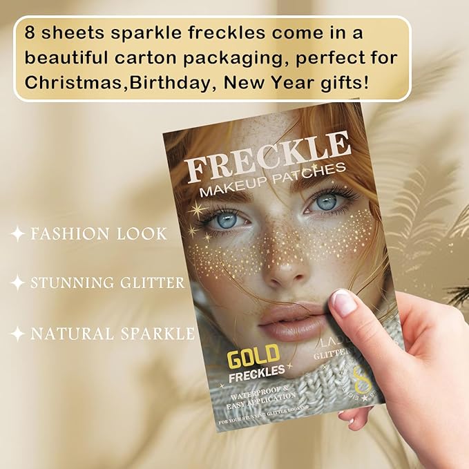 8 Pcs Gold Face Makeup Patches, Gold Glitter Freckles Face Tattoo, Glitter Freckles, Sparkle Makeup Patches, Waterproof Face Glitter Temporary Tattoos for Women