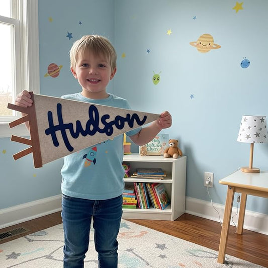 Personalized Name Pennant Flag, Custom Felt Nursery Wall Banner for Kids Room Decor, Handmade Felt Baby Name Banner Hinging Sign for Bedroom Dorm Home, Baby Shower Birthday Gift for Boys & Girls