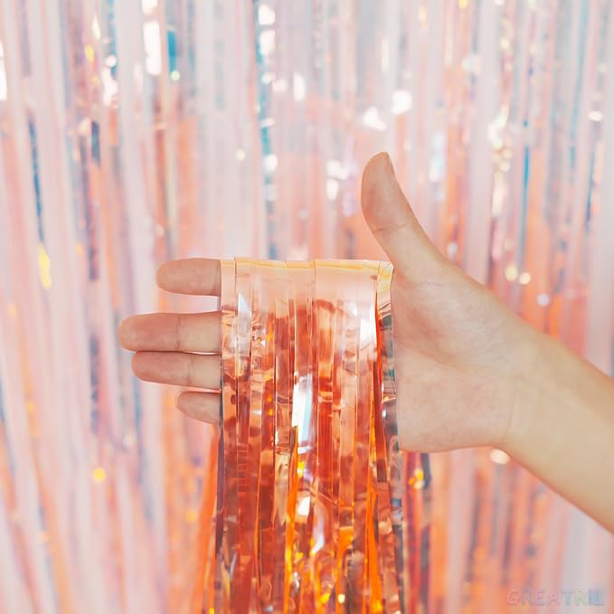 GREATRIL Iridescent Orange Tinsel Foil Fringe Curtain for Birthday Decoration Showgirl Theme Party Backdrop Streamers, 3.2 x 6.5 ft with 2 Packs