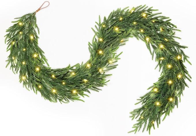 9FT Pre-lit Christmas Garland, Real Touch Lighted Norfolk Pine Garlands, Battery Operated 50LED Garland, 8 Lighting Modes & Timer, Multi-Color & WW Waterproof String Lights Included