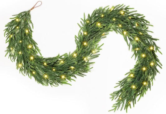 9FT Pre-lit Christmas Garland, Real Touch Lighted Norfolk Pine Garlands, Battery Operated 50LED Garland, 8 Lighting Modes & Timer, Multi-Color & WW Waterproof String Lights Included