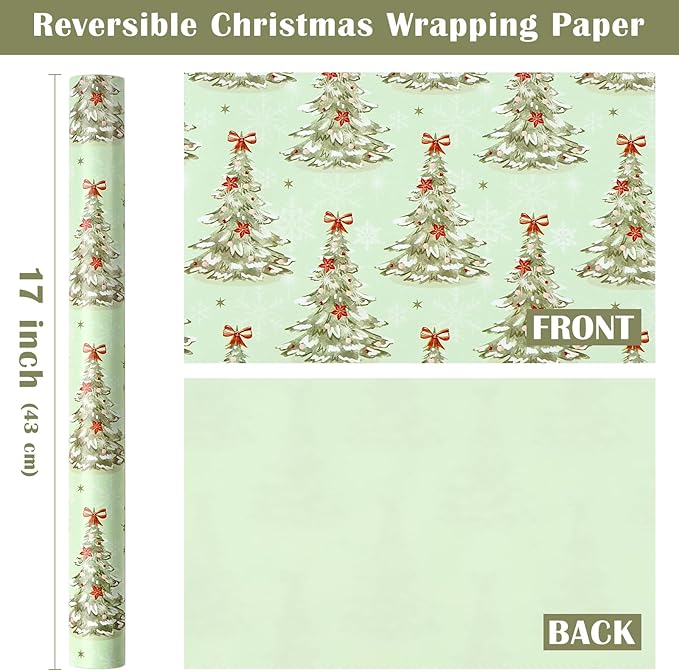 WRAPAHOLIC Reversible Christmas Wrapping Paper - Mini Roll - 17 Inch x 33 Feet - Light Green Christmas Tree Wrapping Paper for Xmas Holiday, Party Celebration