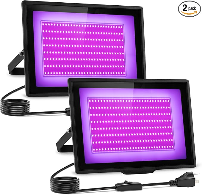 2 Pack 200W LED Black Light IP66 Waterproof,Blacklight with Plug+Switch, Flood Light for Glow Party,Halloween Decoration, Body Paint, Fluorescent Poster, Stage Lighting,Neon Glow,5.25Ft Cord
